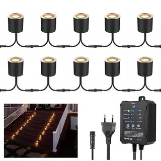Arotelicht 10er Einbaustrahler Dimmbar LED Bodeneinbaustrahler Aussen IP67 Warmweiß mit Timer und Photozellensensor 12V Transformator 0,6W Ø32mm Terrasse Einbauleuchte Garten Lampe