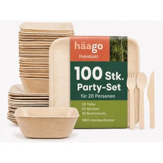 HAAGO Palmblatt Einweggeschirr-Set, 100-teilig für 20 Personen – 22 cm Teller, 450 ml Schalen & Holzbesteck – kompostierbares Partygeschirr in natürlicher Bambus-Optik
