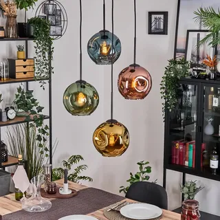 HOFSTEIN Hängeleuchte Ripoll, 4-flammige Hängelampe aus Metall/Glas in Schwarz/Blau/Grün/Gold/Kupfer, moderne Pendelleuchte im Retro/Vintage-Design (Schirme Ø 20 cm), E27, Esszimmer, Wohnzimmer, Küche