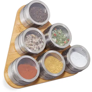 Relaxdays Gewürzregal, 6 Edelstahl Gewürzdosen, zum Streuen, magnetischer Halter aus Bambus, stehend, Gewürzboard, natur