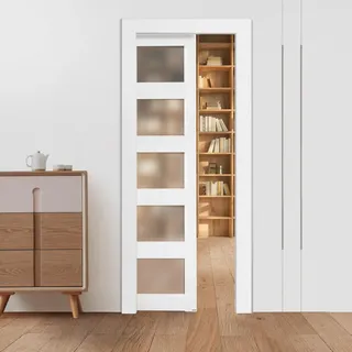 VEVOR Schiebetür (765 x 2035 mm) 5-tlg. Milchglas-Einzelschiebetür mit Hardware-Kit, Schiebetürplatte aus Massivholz & MDF mit wasserfester Oberfläche für Schlafzimmer Küche Arbeitszimmer