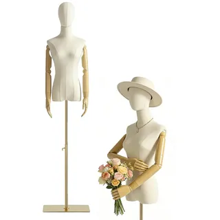 Schaufensterpuppe Weiblich Mannequin Torso,Schneiderpuppe mit hölzerne Hände,Mannequin Kleiderpuppe Torso mit Verstellbarer Höhe 140cm-200cm,abnehmbarem Kopf,Gold