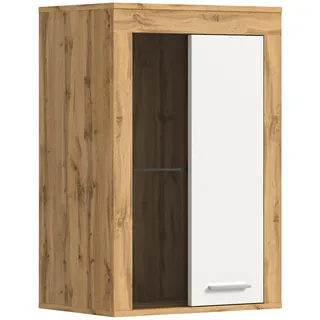 xonox.home Wohnzimmer Jam Vitrine Glasvitrine Dekoschrank Glas-Kommode Stauraumschrank Hängevitrine Standvitrine in Front weiß Melamin, Korpus Wotan Eiche Nb., ca.60x86x35 cm