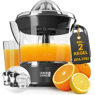 LEBENLANG Zitruspresse elektrisch - 2 Kegel & BPA-Frei I Hohe Saftausbeute I 700ml Orangenpresse elektrische Saftpresse Edelstahl für Zuhause I Entsafter Zitronenpresse Orangensaftpresse