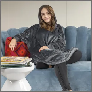 Walser Kuschelpullover Snuggle Kapuzenpullover mit Ärmeln, Oversize, Damen, flauschig, Kuschelig XXL, Kapuze, 104 x 102 cm, Grau