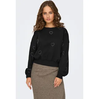 Sweatshirt ONLY "ONLBERIT L/S O-NECK SWT", Damen, Gr. M, schwarz detail:heart silber rhinestone, Sweatware, Obermaterial: 60% Baumwolle, 40% Polyester, bedruckt, regular fit hüftlang, Rundhals, Rippbündchen, Sweatshirts Sweatshirt