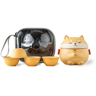 TUCHACA Mini Gaiwan Tee Set, netter Hund Shiba Inu Teekanne mit tragbarer Tasche für Reisen, chinesische Keramik Gongfu Teekanne mit 4 Keramik Teetassen. Geschenk für Teeliebhaber.