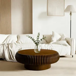 YYZIWYUN Runder, Geriffelter Couchtisch Fürs Wohnzimmer Runder Couchtisch Im Mid-Century-Modern-Stil Beistelltisch Im Landhausstil Mit Geriffelter Form Ideal Für Kleine Wohnungen,Walnut small