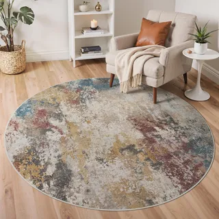 GENIMO Waschbar Teppich Wohnzimmer Rund 200 cm Kurzflor Bunt | Waschbarer Modern Abstrakter Teppich,Rutschfest, Kurzflorig, Weich, für Wohnzimmer, Schlafzimmer, Esszimmer,Büro