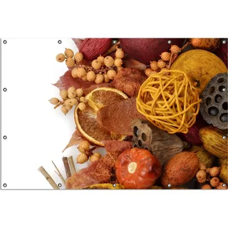 Wallario Outdoor-Poster für Garten oder Balkon, Motiv Herbststimmung - Trockenfrüchte, Nüsse und Samen - Herbstdeko, in ca. 120 x 180 cm - Weiß