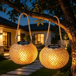 2 Stück Solarlampen für Außen Hängend/Stehend, IP65 Wetterfest Solarlaterne Lampions, Retro Solar Laternen aus Rattan Solarleuchten für Draußen Garten Balkon Patio Camping und Gartendeko