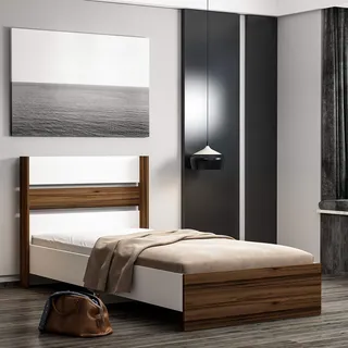 HOMIDEA Flame Einzelbett Holzbett mit Kopfteil 90 x 200 cm Modernes Design (Weiß/Nussbaum)