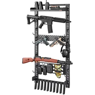VEVOR Waffenwandhalterung für 5 Gewehre (Schrotflinten) & Waffenzubehör, Gewehrhalter mit J-Haken & Zusätzlicher Ablagefläche & Magazinhalter & MOLLE-Panel, Gewehrregal Kohlenstoffstahl, Waffenregal