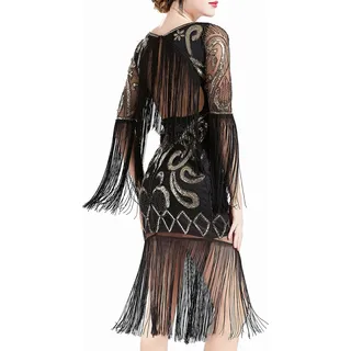 Babeyond 1920er Jahre Flapperkleid Lange Fransen Gatsby Kleid Roaring 20er Jahre Pailletten Perlenkleid Vintage Art Deco Kleid - Schwarz - Klein