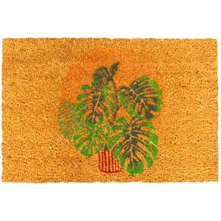 Relaxdays Fußmatte Kokos, Monstera, 60x40 cm, rutschfest, wetterfest, Fußabstreifer innen & außen, Türvorleger, Natur