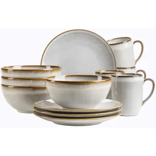Mäser Serie Smokys Geschirr-Set für 4 Personen, 12 teiliges Frühstückset im Scandi Look, Steinzeug, weiß