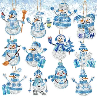 owlfun Pack of 12 Snowman Diamond Painting Christmas Decoration, Double-Sided Diamond Painting Children's Pendant, Christmas Diamond Painting Key Ring DIY Set