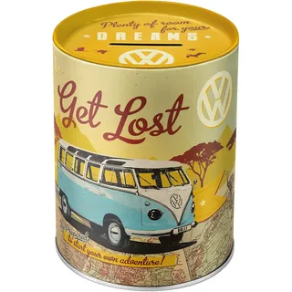 Nostalgic-Art Retro Spardose, 1 l, VW Bulli – Let's Get Lost – Volkswagen Bus Geschenk-Idee, Original Lizenzprodukt (OLP), Sparschwein aus Metall, Vintage Blech-Sparbüchse