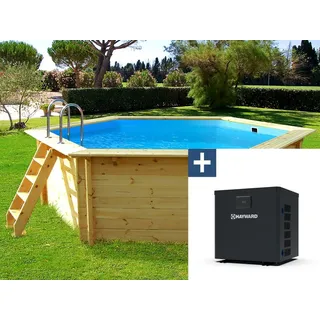 Holzpool "Hawai" - 4,10 x 1,18 m + Mini-Wärmepumpe 3,5 kW - Metall - Grau