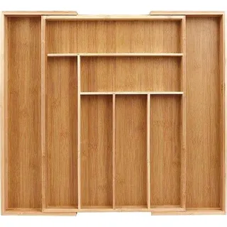 Unyqoos® Bambus-Besteckkasten – verstellbarer Schubladeneinsatz 32–48 x 43,5 x 5 cm, 6–8 Fächer, ausziehbarer Besteck-Organizer für Küchenutensilien