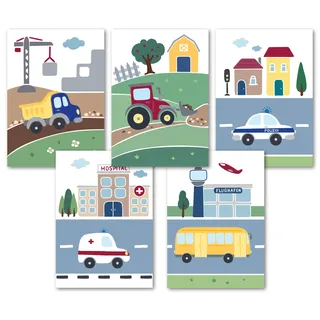 PICTALOO 5er Set süße Fahrzeug Bilder - tolle Kinderzimmer Deko für Jungen -– Kinderbilder und Baby Poster - DIN A4 Wandbilder ohne Bilderrahmen - Bilder Babyzimmer (5er Set)