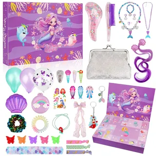 Hysagtek Adventskalender 2025 Mädchen - Adventskalender Meerjungfrau mit Schmuckkästchen, Tasche, Halsketten, Haarschmuck, 24 Tage Meerjungfrauen Schmuck Weihnachten Geschenke Mädchen