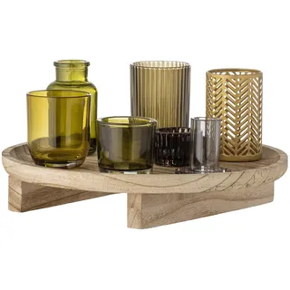 Bloomingville Sanga Tablett Set mit 8 Teelichthalter aus Glas und Paulownia-Holz hergestellt, Farbe: Grün und Holz, Maße: 32 x 15 cm, 82054270