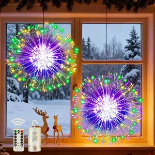 Joycome Leuchtkugel Weihnachten 2 Stück 198 LED Weihnachtsbeleuchtung Außen | Batterie, Fernbedienung, 8 Modi, Timer Feuerwerk Lichterkette Wasserdicht Hängende Weihnachtsdeko Innen Fenster (Mehrfarbig)