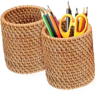 SOPOTUTU Gewebter Stiftehalter 2Er Set Stifte-Organizer Für Den Schreibtisch Rattan Stifteköcher Zur Aufbewahrung Von Stiften Make-up Bastelutensilien Und Kleinen Gegenständen 3.94 X 2.95 Zoll