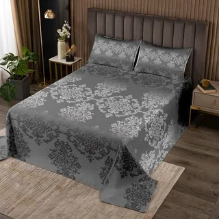 Loussiesd Vintage Damast Tagesdecke 220x240cm Oriental Jacquard Damast Steppdecke für Mädchen Grau Floral Bettüberwurf Gothic Bohemia Floral Wohndecke