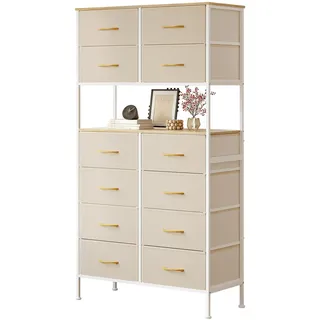 Mintnook Kommode mit 12 Schubladen aus Stoff, Aufbewahrungsschrank, Schubladenschrank, Schrank, Offenes Mittelteil, Metallgestell, Hochkommode für Wohnzimmer, Flur, Beige