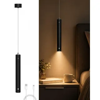 ACMHNC Akku Pendelleuchte Schwarz, LED Hängelampe mit Batterie ohne Stromanschluss, 4500mAh USB-C, 500lm, Touch Dimmbar, 3 Lichtfarben, Höhenverstellbar 200cm, für Nachttisch Schlafzimmer Esstisch