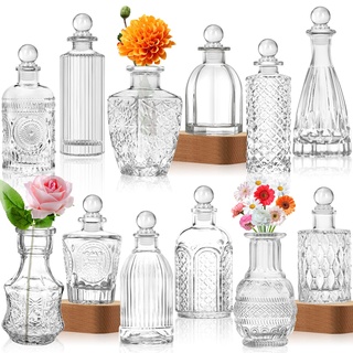 Mini Vasen Set, 12St Kleine Glasvase Vintage Deko Vasen Set Verschiedene Groessen Blumenvase für Tischdeko Mittelstücke, Hochzeitsdekorationen,mit 8 Glasstoppern