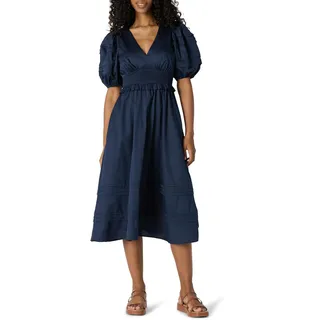 Amazon Essentials Damen-Midikleid aus Baumwollsatin, Normale Passform, Puffärmel, Marineblau, Größe S