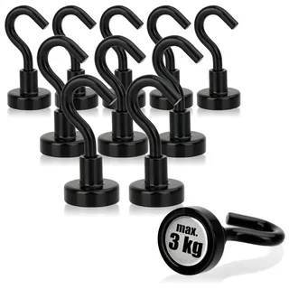 com-four® 10x Neodym Magnethaken 3 kg - starker Werkstatt-Magnet mit Haken 38 x 15 mm - für Küche, Badezimmer, Garage oder Büro - Kleiderhaken mit Neodym-Magnet