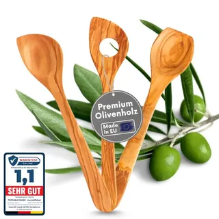 TOPANBIETER 999 Oliven Kochlöffelset mit Kochlöffel, Sevierlöffel und Spitzlöffel 30 cm hochwertigt und nachhaltig Holzlöffel antibakteriell (Kochlöffel Set 3tlg.)