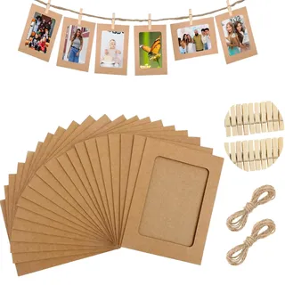 Bilderrahmen mit Klammern und Leine,20 Stück Bilderrahmen Set,Papier-Bilderrahmen,Bilder Aufhängen Schnur,Geburtstagspapier Rahmen,Fotogirlande Hochzeit,für Zuhause DIY Geburtstag Wand Dekoration