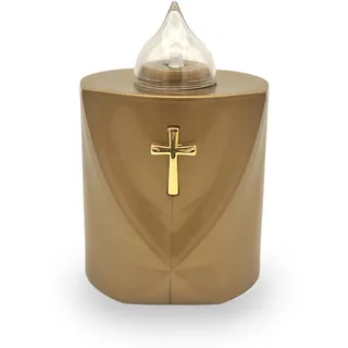 AROBA LED Grabkerze Trauerlicht - Flackereffekt wie echte Kerze - lange Brenndauer bis 120 Tage - wiederverwendbar Friedhofskerze Gedenkkerze Dauerkerze - gold Heiliges Kreuz