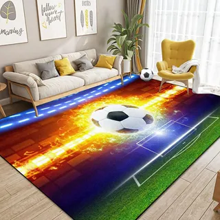 Dai Lufei Fussball Teppich FußBall, Sportbereich rutschfest Fußballplatz Teppich Eisfeuer Fußball Bedruckt Großflächige Teppiche Jugendzimmer 3D Fußball Mit Flammen Bedruckten Teppichen, 80x120cm