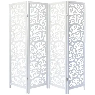 Homestyle4u Paravent 4-tlg. 173/175 cm Weiß Holzverzierung , 173x175x2 cm , Wohnzimmer, Raumteiler, Paravents
