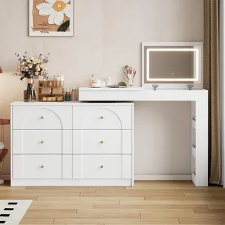 Flieks Schminktisch mit Drehbarem Beistelltisch, Schminkkommode mit Led, Frisierkommode Frisiertisch mit Schubladen und Regal, Weiß - Weiß