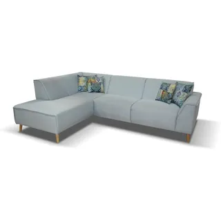 DOMO. collection Ecksofa Jules FK, skandinavisches Sofa mit Federkern, Couch Garnitur mit Holzfüßen, 263 x 191 x 81 cm (BxTxH), Ottomane Links, hellblau