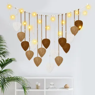 IHONYI Boho Deko - Makramee Wandbehang,Wandteppich Chic Tapisserie Fransengirlande Mit 3M LED Lichterkette,Handgewebt Girlande Boho Wanddeko Für Wohnzimmer/Schlafzimmer/Balkon/kinderzimmer(Braun)