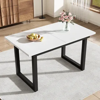 MODFU Esstisch Ausziehbarer Klapptische mit Eisenbeine, Kaffee-Freizeittisch rechteckiger multifunktionaler, Betonoptik, Weiß - Weiß