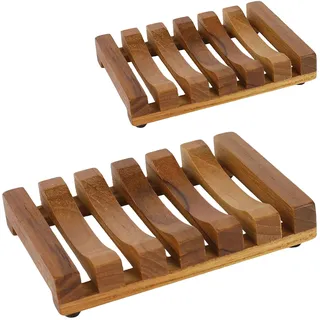 2-teiliger Seifenhalter aus Teakholz mit Schlitzen von HTB, Holz-Spülschwammhalter für Küche, selbstentleerende Seifenschale für Dusche, Waschbecken, Badezimmer, Badewanne