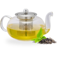 Relaxdays Teekanne mit Siebeinsatz, 800 ml, Borosilikatglas, Edelstahl, Glaskanne für losen Tee, transparent/silber