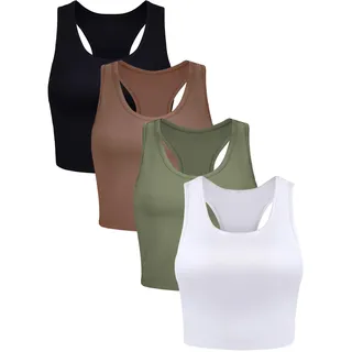 BOAO 4 Stück Basic Crop Tank Tops Ärmelloses Racerback Crop Sport Baumwolle Top für Damen (Schwarz, Weiß, Armeegrün, Kaffee, S)