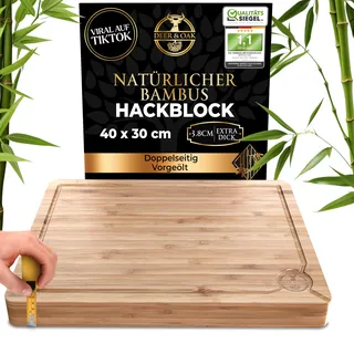 Deer & Oak Vorgeölter Hackklotz Schneidebrett Holz Groß 40 x 30 x 3,8 cm Extradickes Holzbrett zum Fleischschneiden, Gemüse, und Brot, Bambus Schneidebrett, Robustes Holzbrett Küche