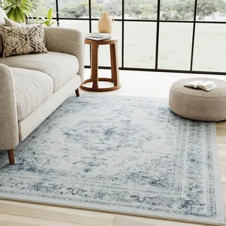 HUGEAR Vintage Blau Waschbarer Teppich Wohnzimmer 90x150cm Retro Rugs for Living Room Weich rutschfest Groß Tepich Kurzflor Schlafzimmer Carpet Living Room Bedroom Esszimmer Teppiche Büro