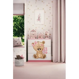 Kinderkommode mit Schubladen Teddybär Blumen in der Farbe Rosa Babydreams - Rosa